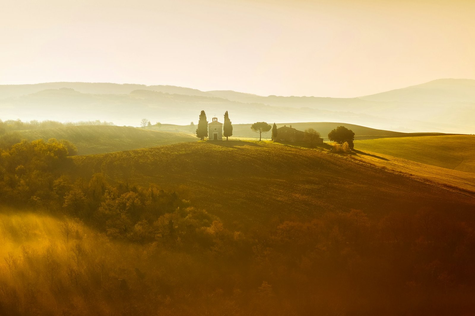 Sunset at Madonna Di Vitaleta in beautiful countryside of Toscana